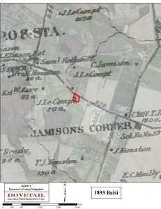 GIS overlay of the circa 1893 Baist map and a modern aerial showing the LeCompt House within the project area (in red).