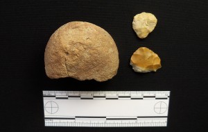 Hammerstone, Possible Hafted Scraper (top), and Scraper (bottom) Recovered from the Warwick Site.